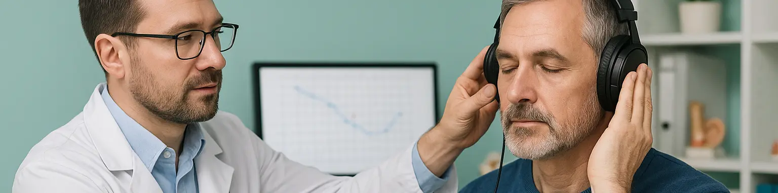 Two men in laboratory, one wearing headphones